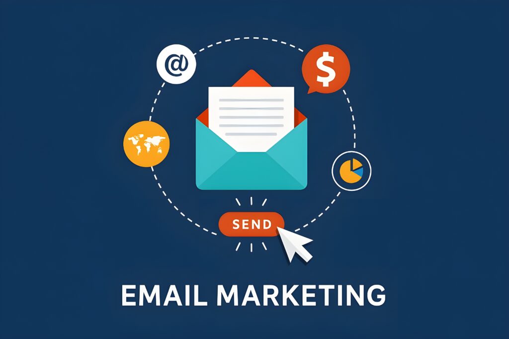 email envelope surrounded by email marketing symbols